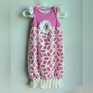 Peaches n Cream- Baby Girl's Boutique Pink & Antique White Flowered Gown, Sz 0/3